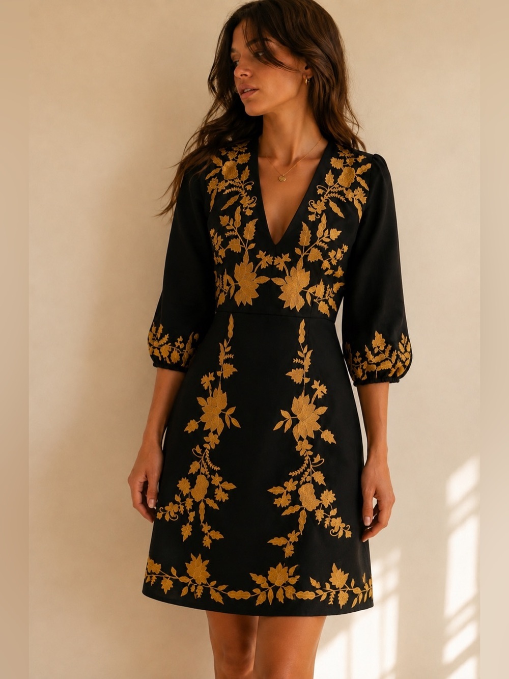 Foxiedox Black Gold Embroidered Floral Mini Dress Size Small